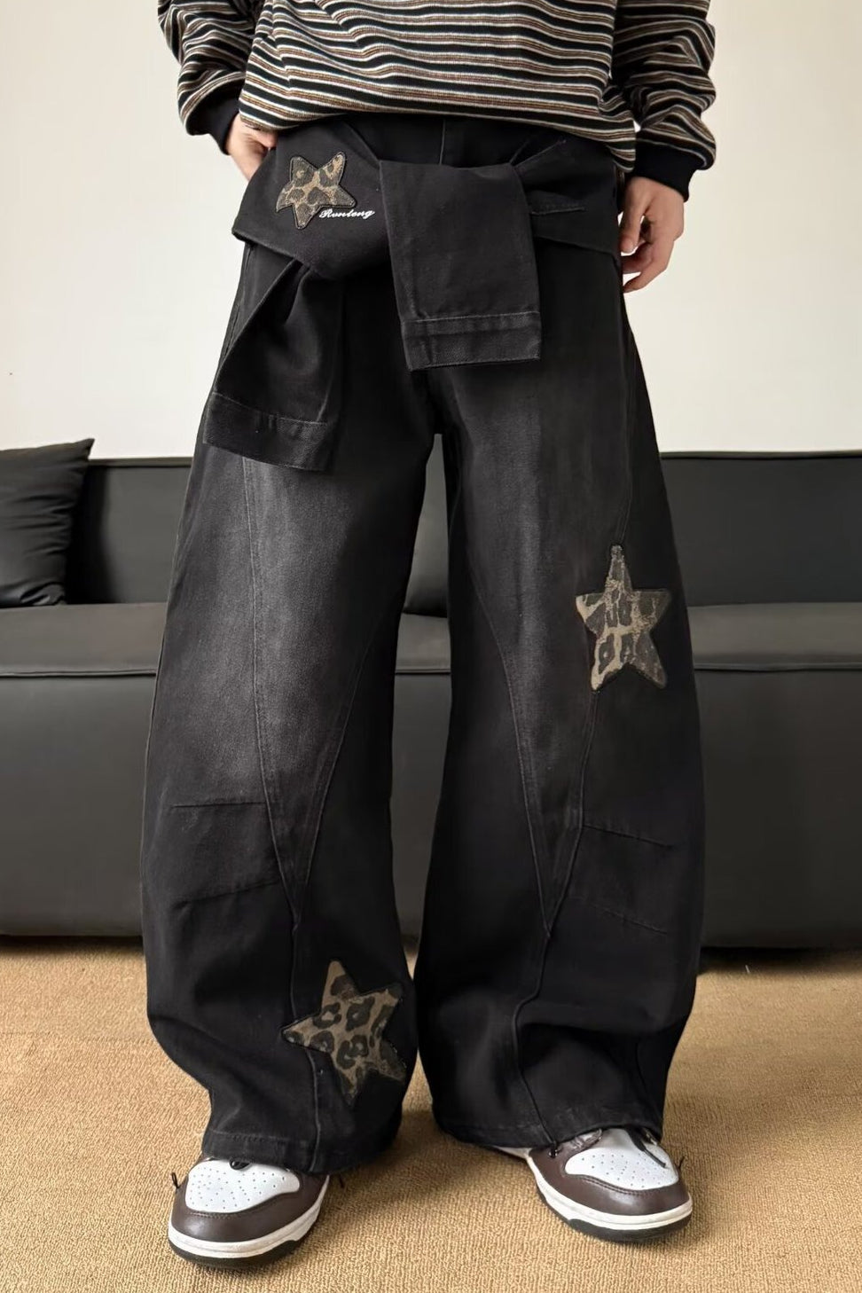 Leopard Print Patchwork Tie Loose Wide Leg Retro Jeans