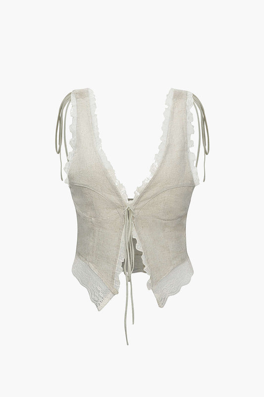 White Lace Trim Tie Front Tank Top