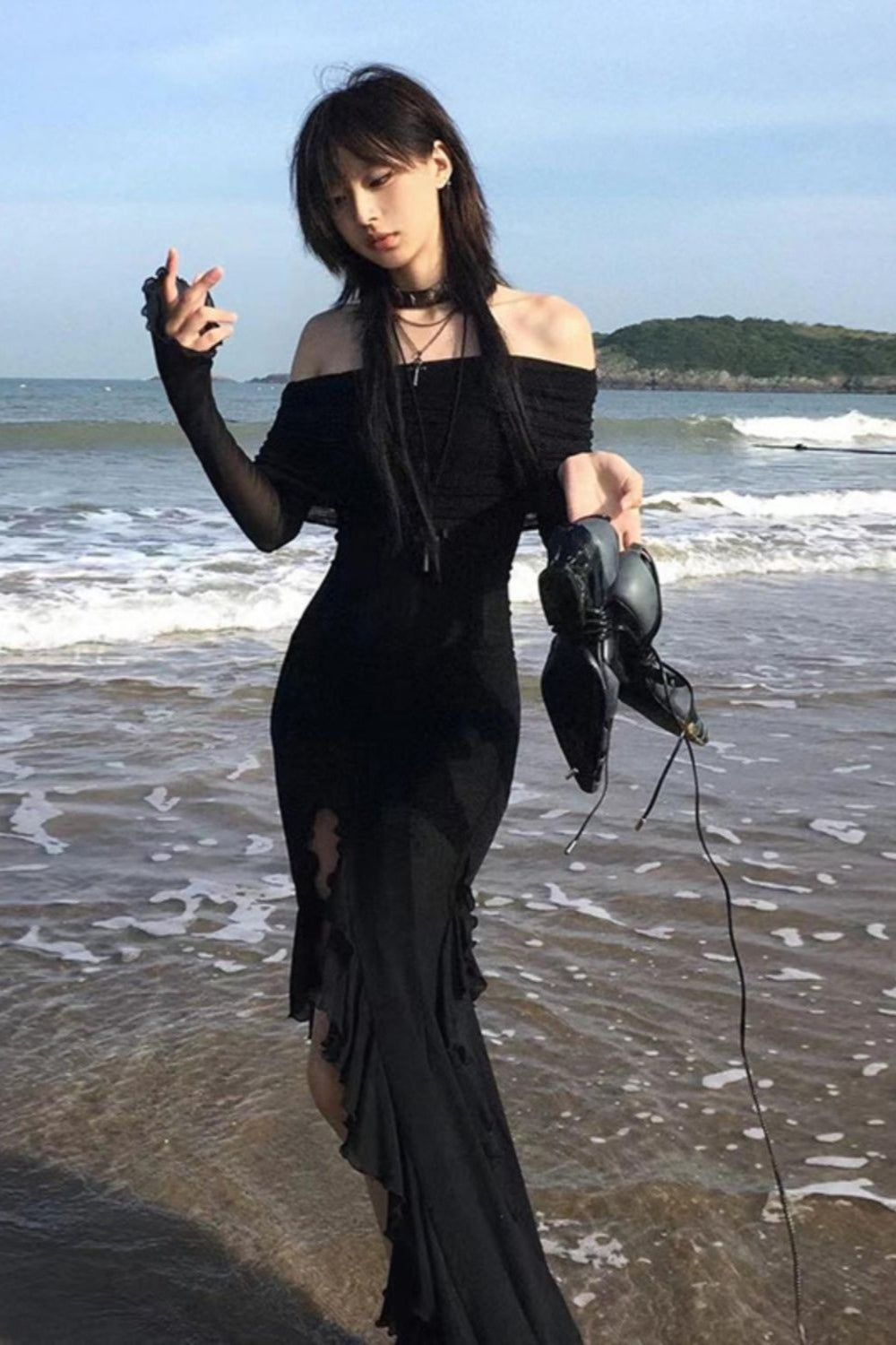Gothic Tiered Ruffle Maxi Dress