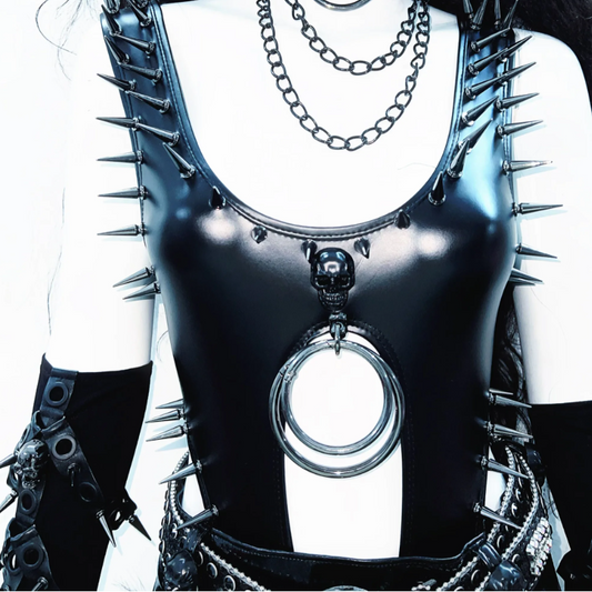 PU leather u neck rivet applique o ring hollow out bodysuit | Festival Outfits Women