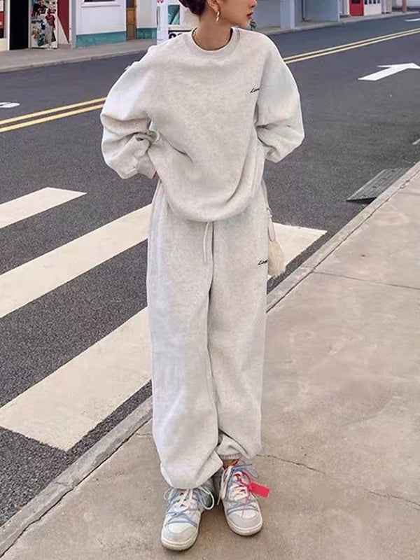 Solid Crew Neck Sweatshirt & Bound Feet Sweatpants Set