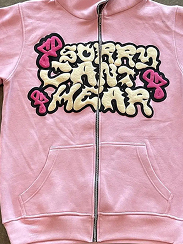 Contrast Color Letter Print Full Zip Oversized Hoodie