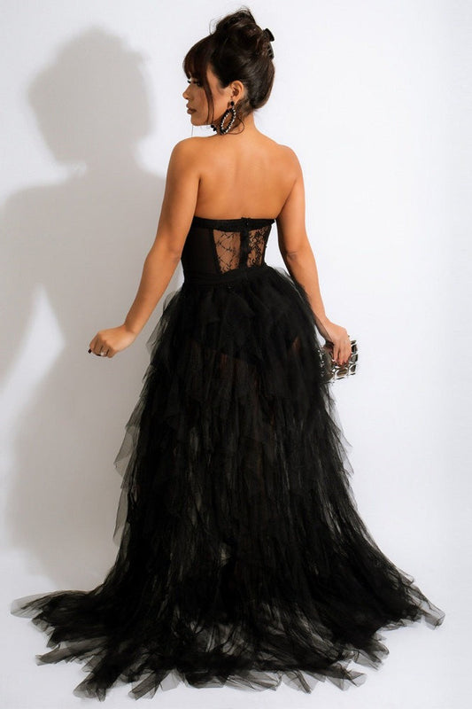 Sheer Lace Bustier Formal Dress