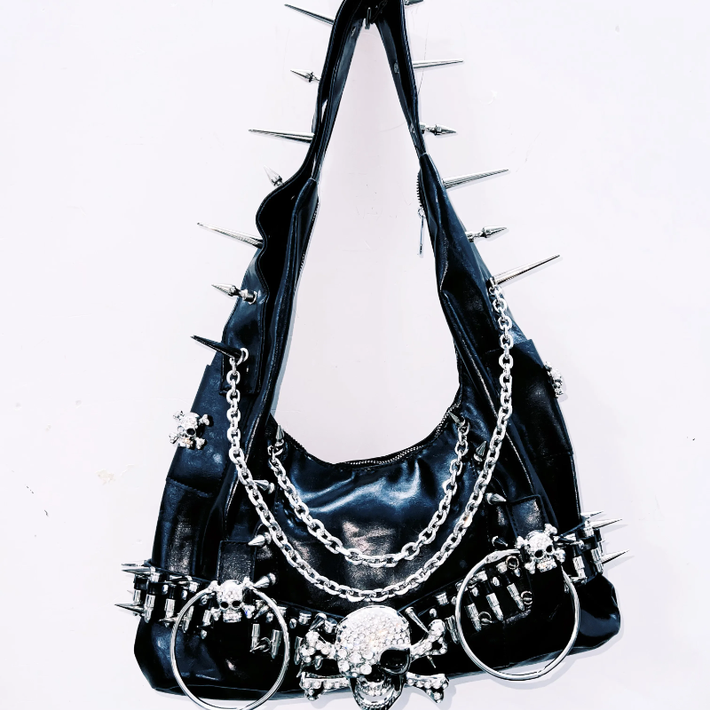 Skull applique rivet o ring handbag | Festival Outfits Women