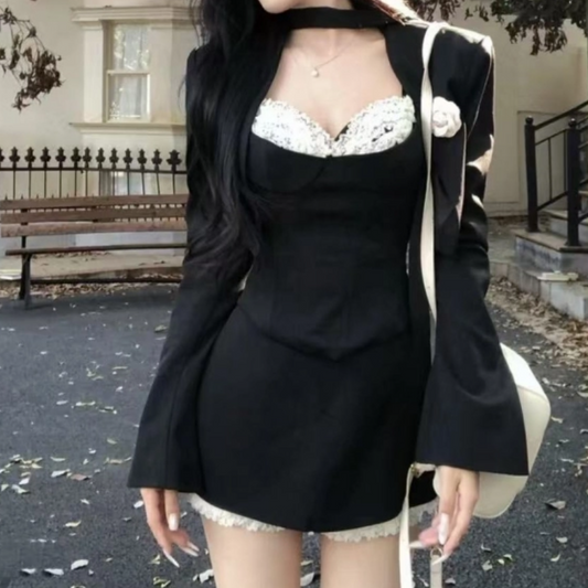 Long sleeve lace hem cami 3 piece mini skirt set | Festival Outfits Women
