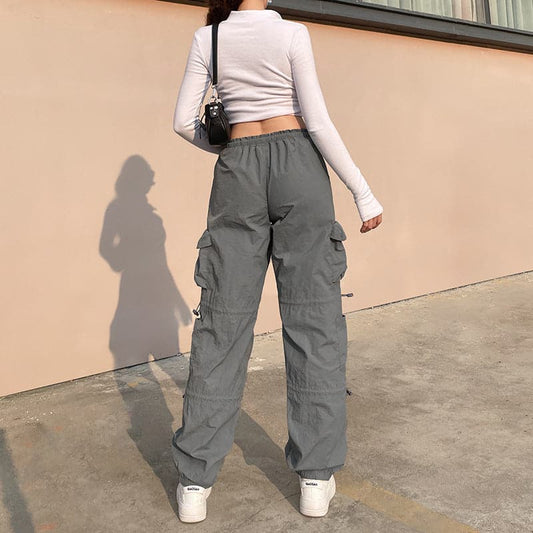 Drawstring solid cargo pocket low rise baggy pant Parachute pants