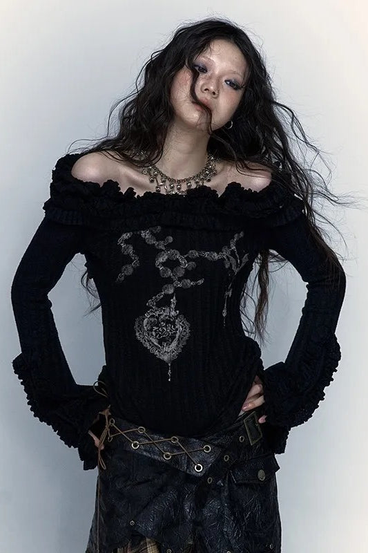 Grunge Punk Tattoo Print Black Knit Top