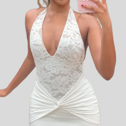 Halter v neck backless ruched maxi dress | Festival Outfits Women