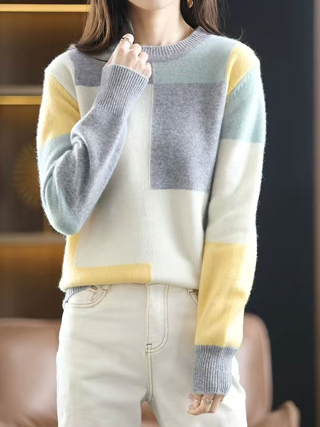 Maya Loose Crew Neck Contrast Knitted Sweater