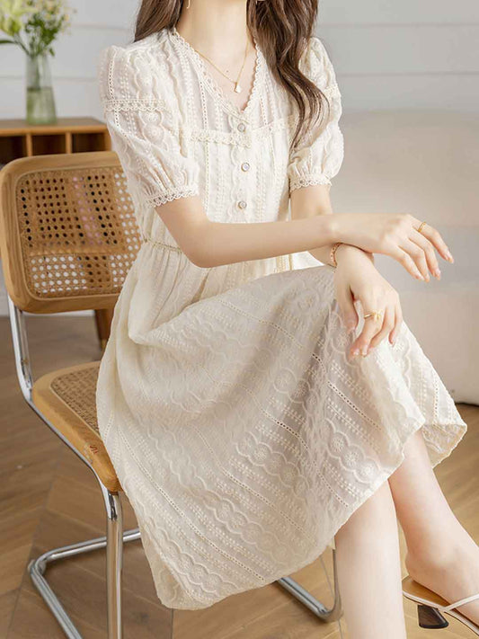 Molly Vacation V-Neck Puff Sleeve Lace Dress
