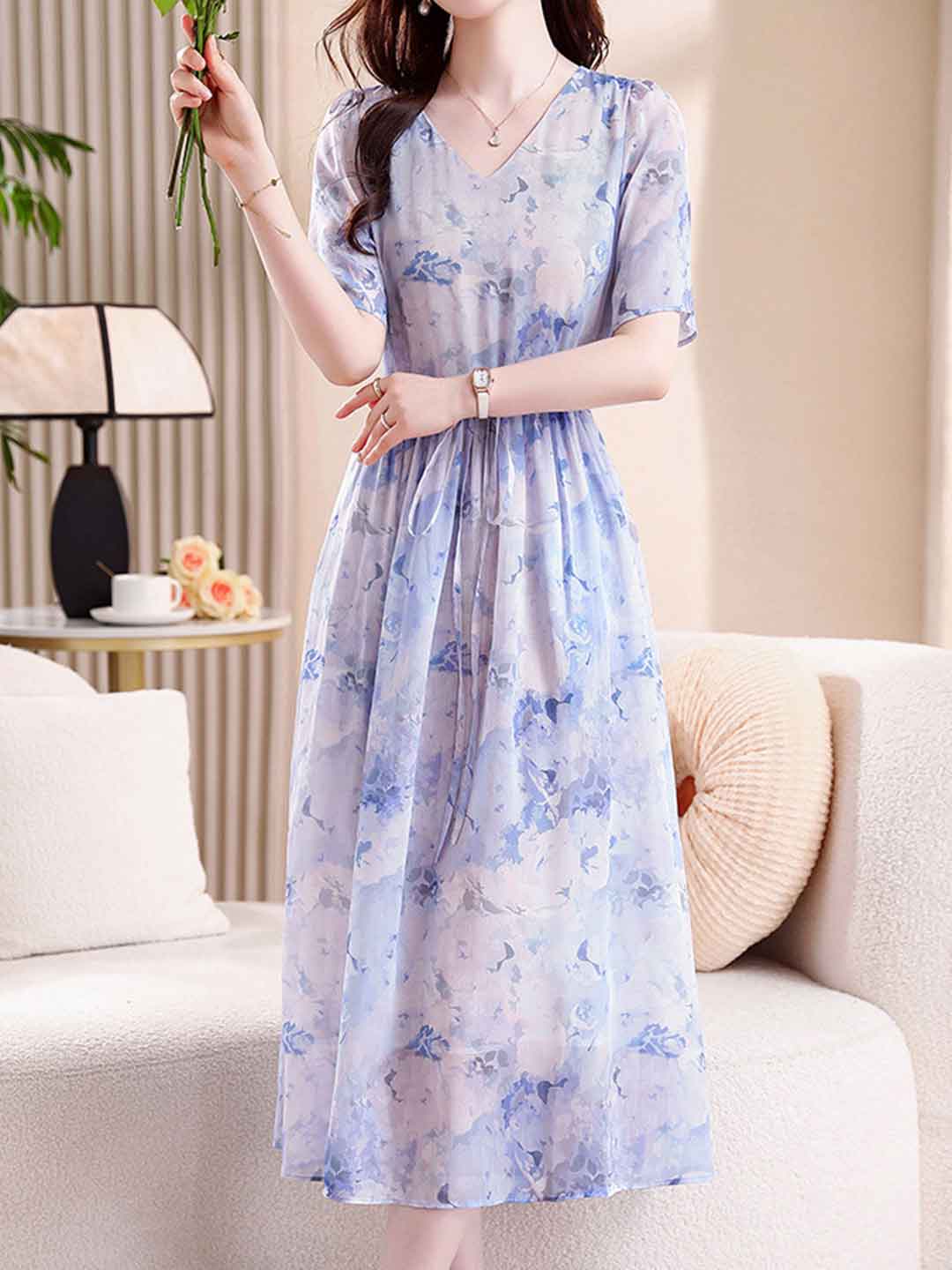 Payton Classic V-Neck Printed Chiffon Dress