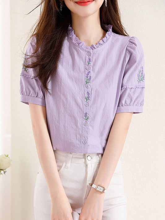 Maria Retro Embroidered Lace Puff Sleeve Shirt-Purple