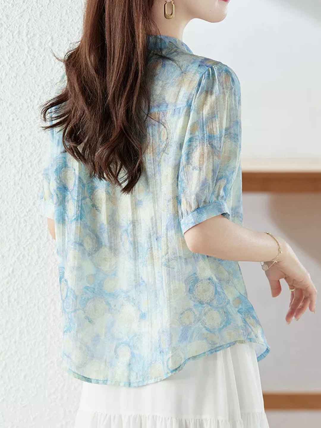 Zoe Vacation Crew Neck Lantern Sleeve Printed Top