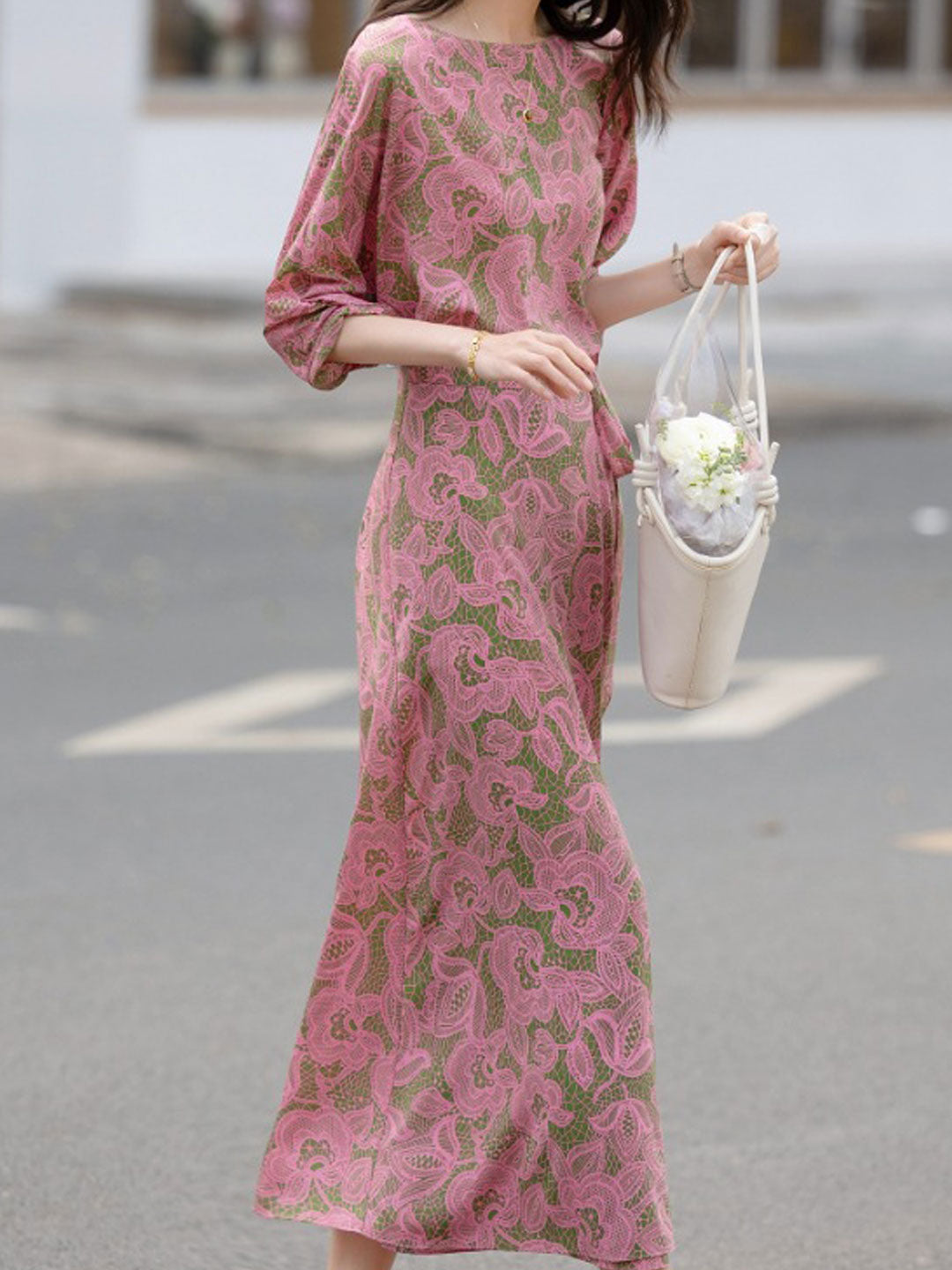 Mya Elegant Crew Neck Printed Tie Dress