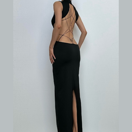 High neck o ring butterfly applique backless slit midi dress | Festival Outfits Women