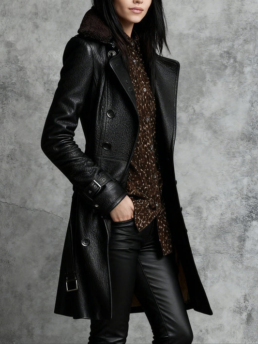 Black Thickening Fur Collar Buttons Leather Mid-length Jackets