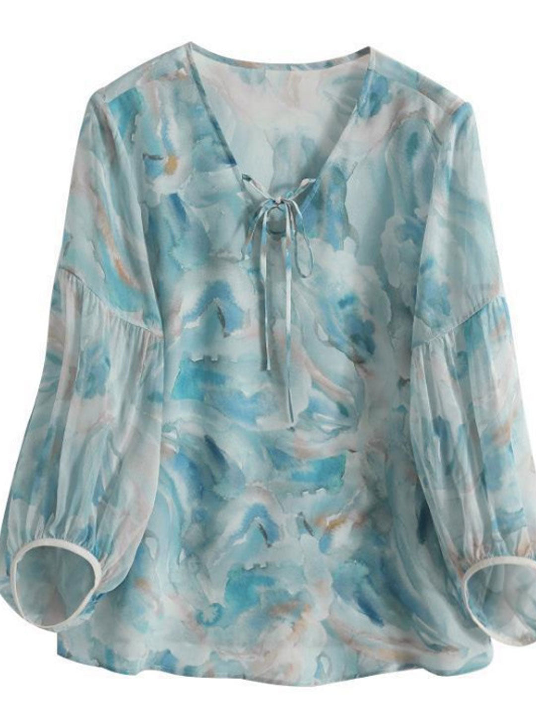 Olivia Loose V-Neck Puff Sleeve Printed Top