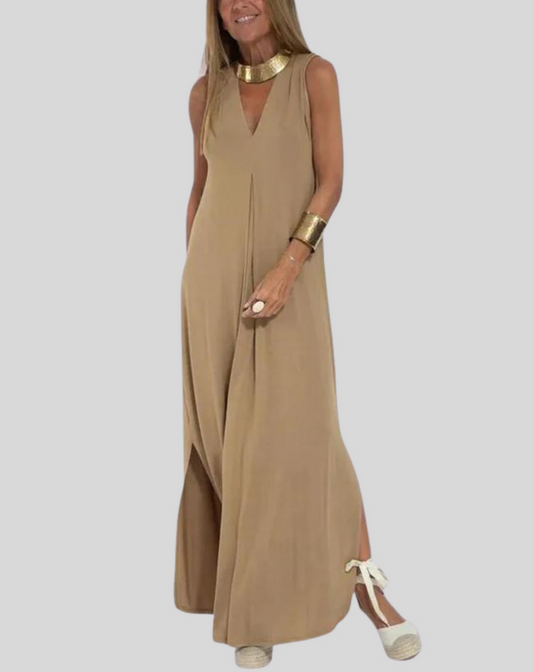 Vestido largo informal de escote en V con abertura para mujer | Ideal para primavera/verano