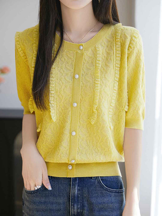Paige Classic Crew Neck Solid Color Lace Knitted Top