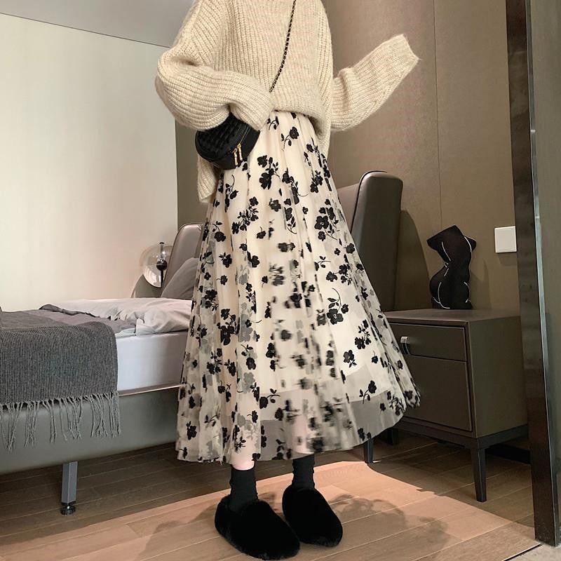 Flowers Pattern Mesh Transparent Long Skirt