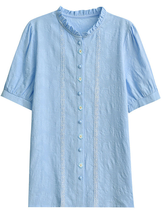 Lauren Retro Embroidered Jacquard Shirt-Blue