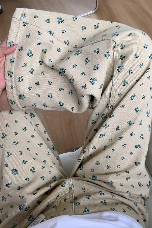 High Waist Loose Floral Pattern Khaki Jeans Pants