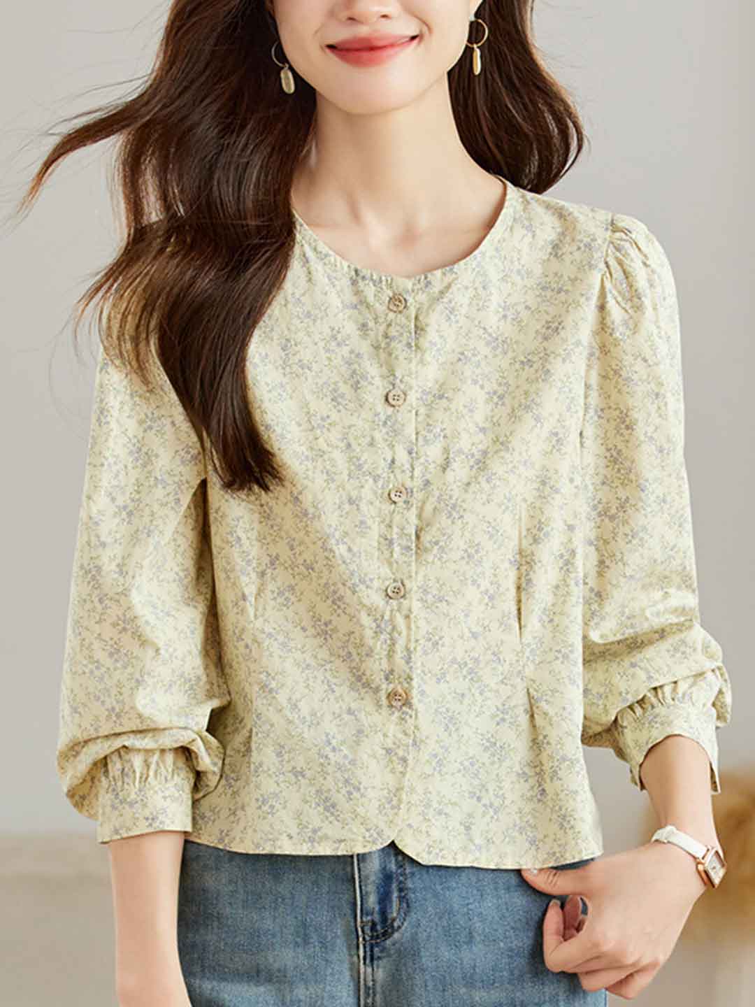 Trinity Loose Crew Neck Puff Sleeve Floral Blouse