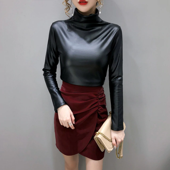 Long Sleeve Turtleneck Leather Tops