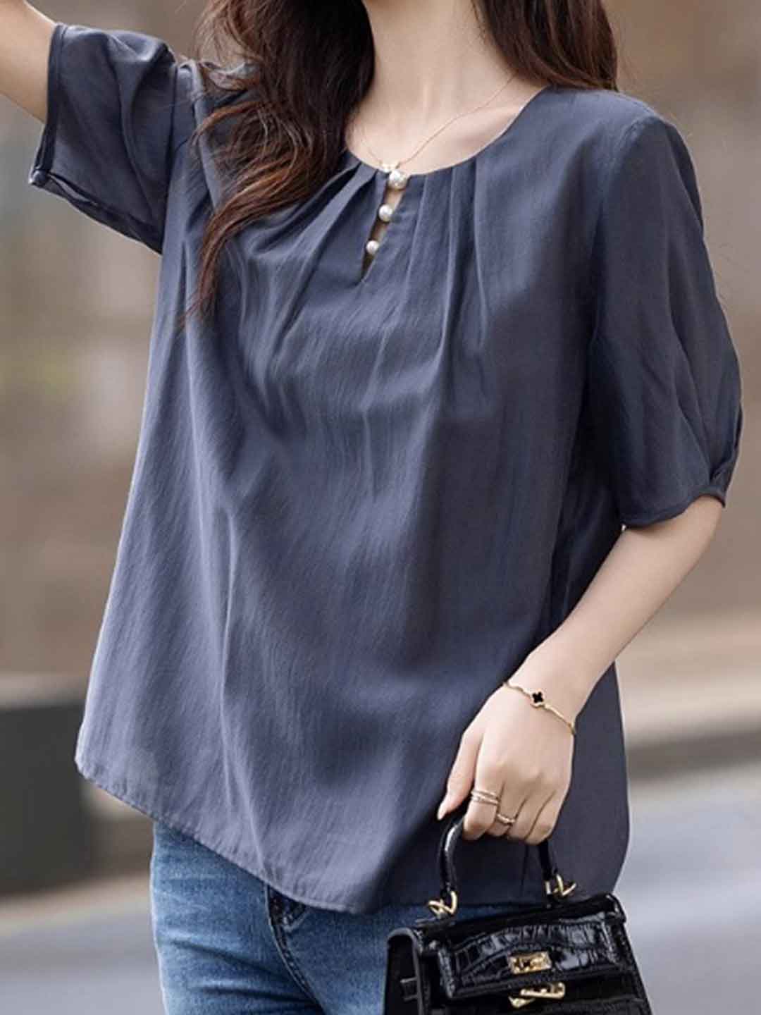 Khloe Loose Crew Neck Lantern Sleeve Pearl Pleated Top