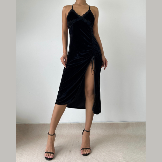 V neck butterfly applique ruched velvet cami maxi dress | Festival Outfits Women