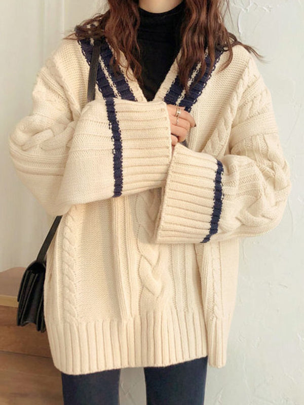 Contrast Color V Neck Cable Knit Sweater