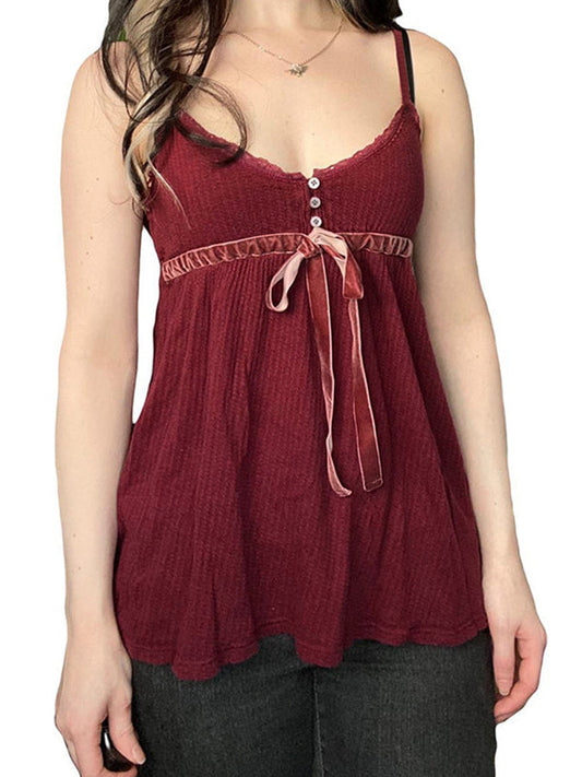 Red Vintage V-Neck A-Hem Button-Down Cami Top