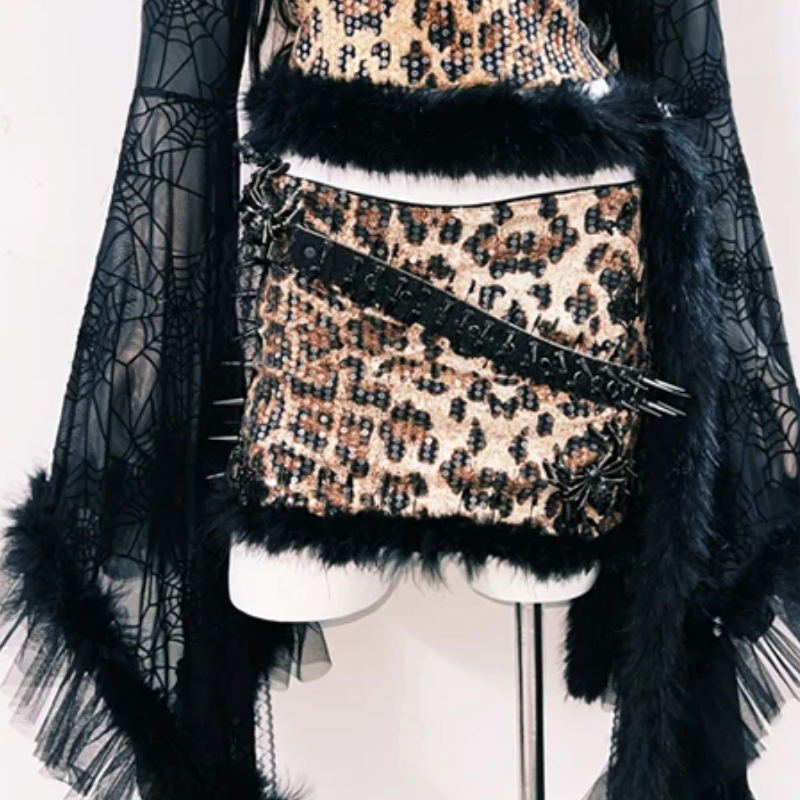 Leopard print glitter long sleeve spider applique mini skirt set | Festival Outfits Women | Leopard Print Mini Dress