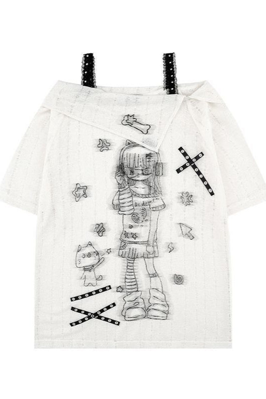 Subculture Loose Lace Sheer Printed Off-Shoulder T-shirt
