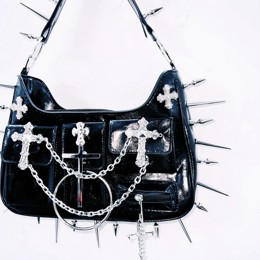 Cross applique rivet zip-up handbag | Festival Outfits Women