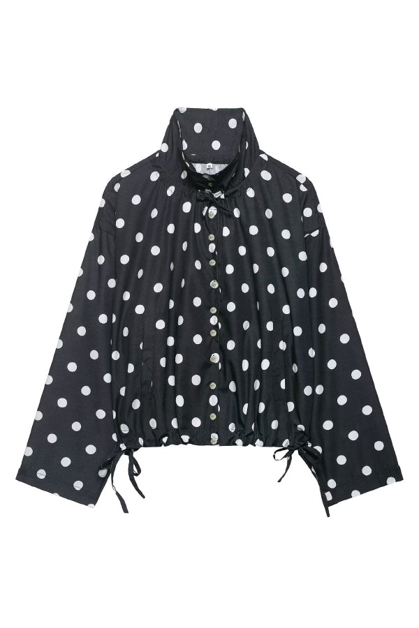 Polka Dot Print Loose Stand Collar Button Bow Tie Casual Long-sleeved Jacket