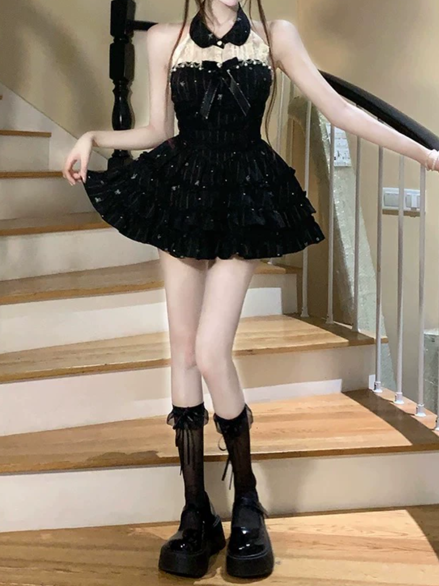 Turnover collar ruffle lace bowknot beaded mini dress | Festival Outfits Women