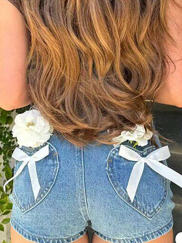 Bow Pocket Washed Denim Shorts