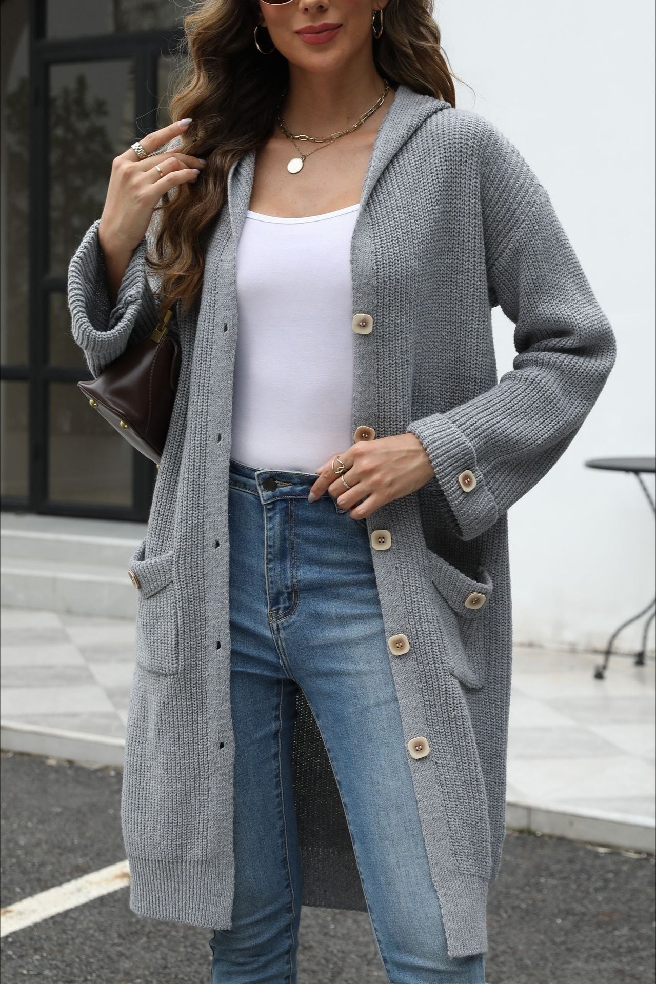 V Neck Solid Color Cardigan