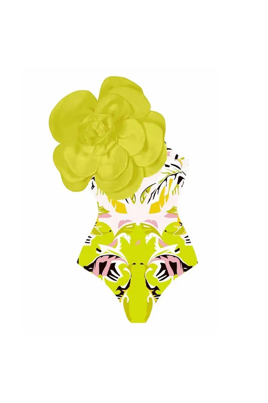 Floral Print One-Piece with 3D Yellow Flower