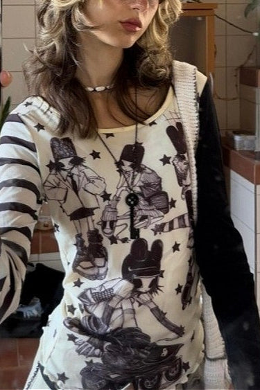 Y2K Star Stripe Asym Patchwork Slim Long Sleeve T-shirt