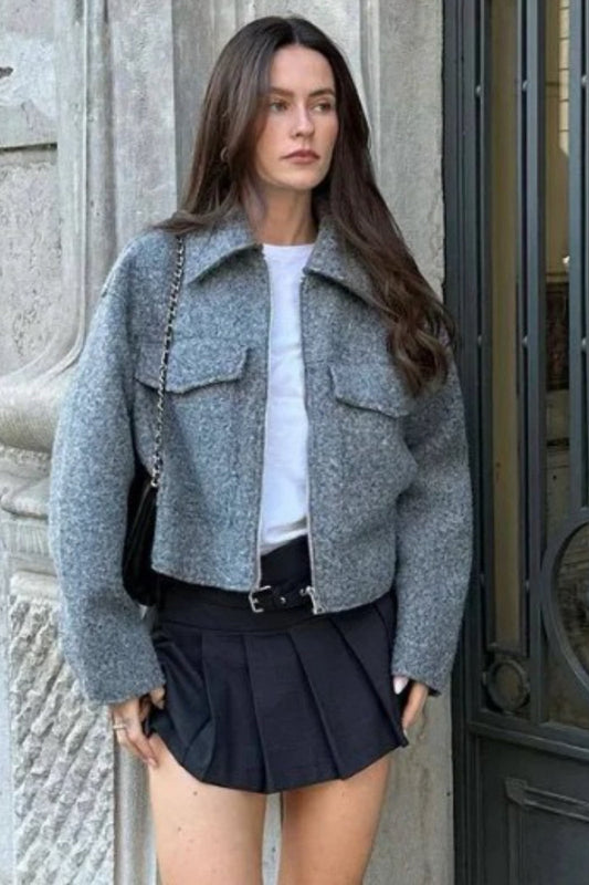 Cropped Boucle Zip Front Jacket
