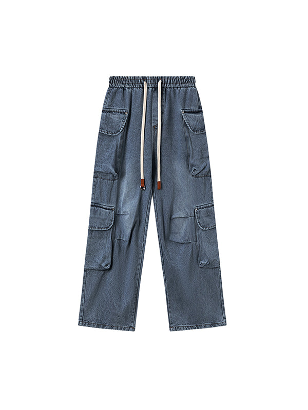 Loose versatile drawstring straight Cargo Jeans