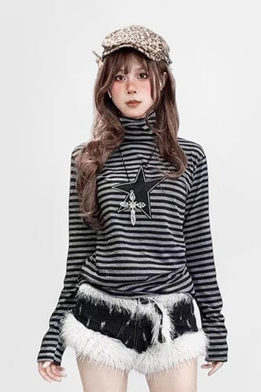 Alt Punk Star Patch Striped Turtleneck Knit Top