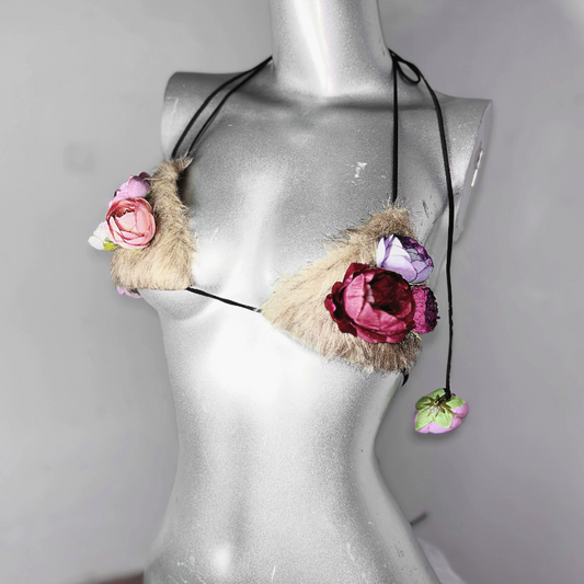 Halter self tie flower applique fluffy backless top | Festival Outfits Women