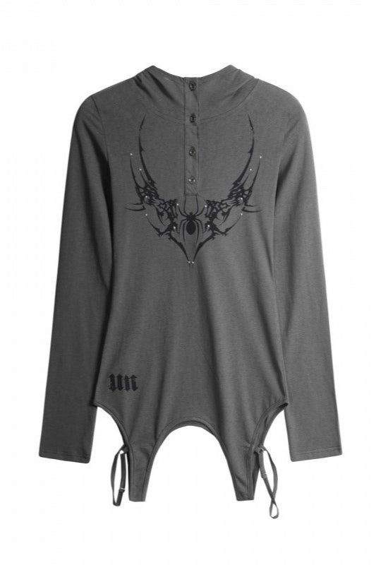 Dark American Studded Hooded V-neck Loose T-shirt