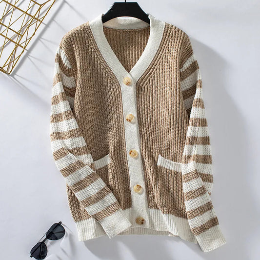 Cárdigan holgado de punto a rayas con botones para mujer | Ideal para otoño/invierno