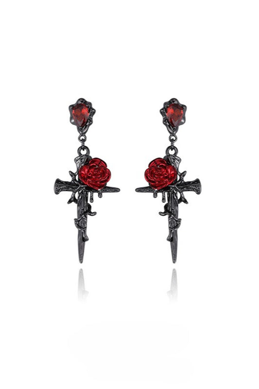 Gothic Red Rose Cross Earrings