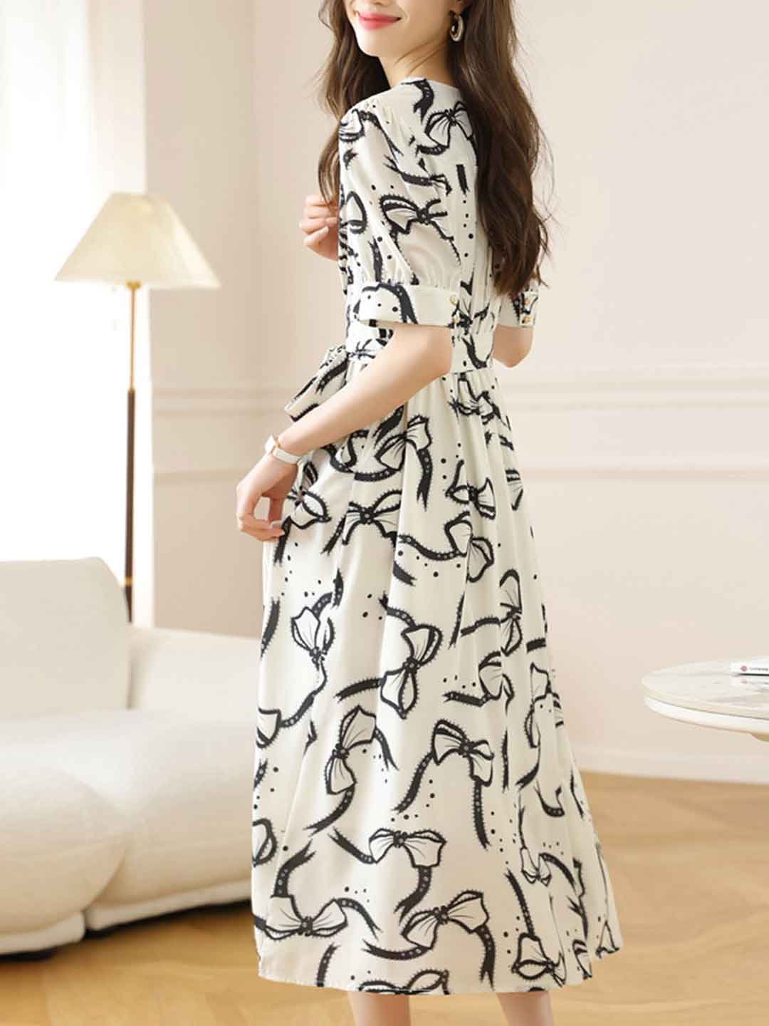 Katherine Elegant V-Neck Bow Tie Dress