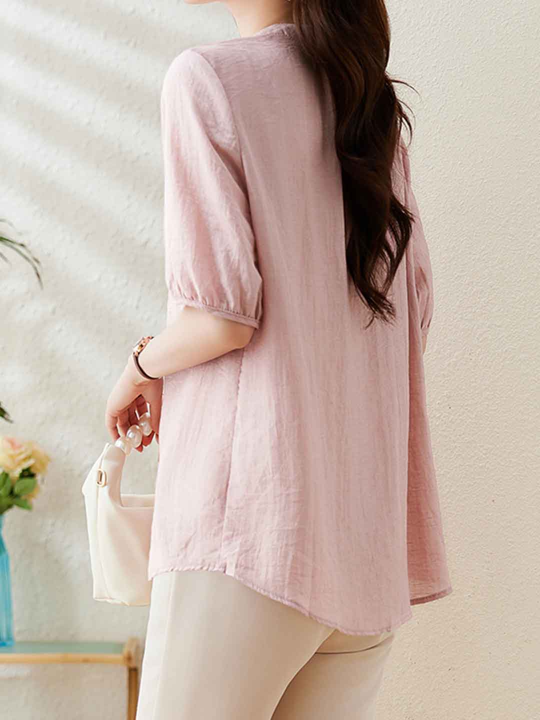 Maria Loose Crew Neck Solid Color Embroidered Top